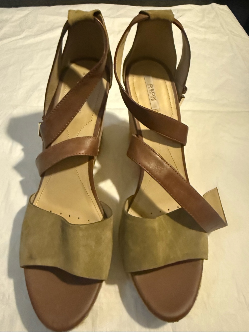 Geox Two-Tone Brown and Olive Strappy Wedge Sandals
